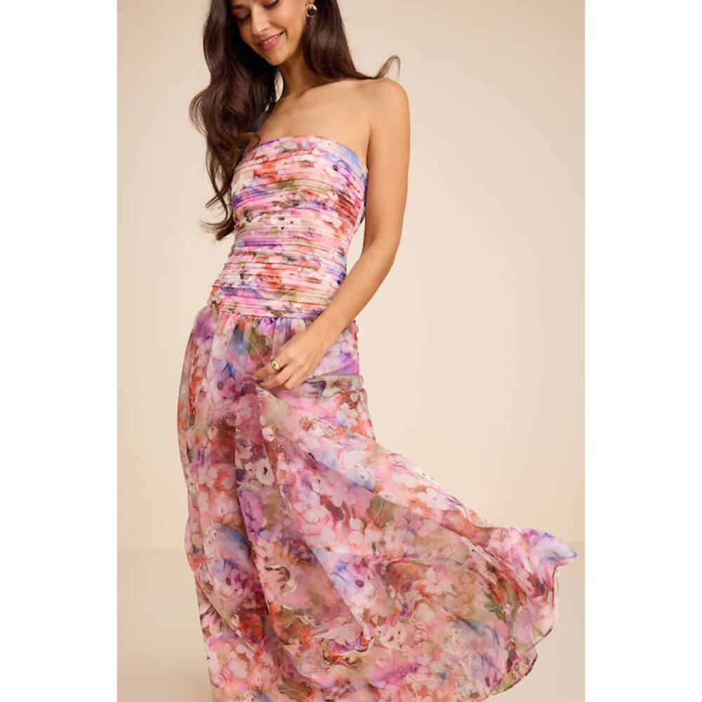 Lulus Kasandra Pink Multi Floral Organza Drop Waist Maxi Dress - Size XS
